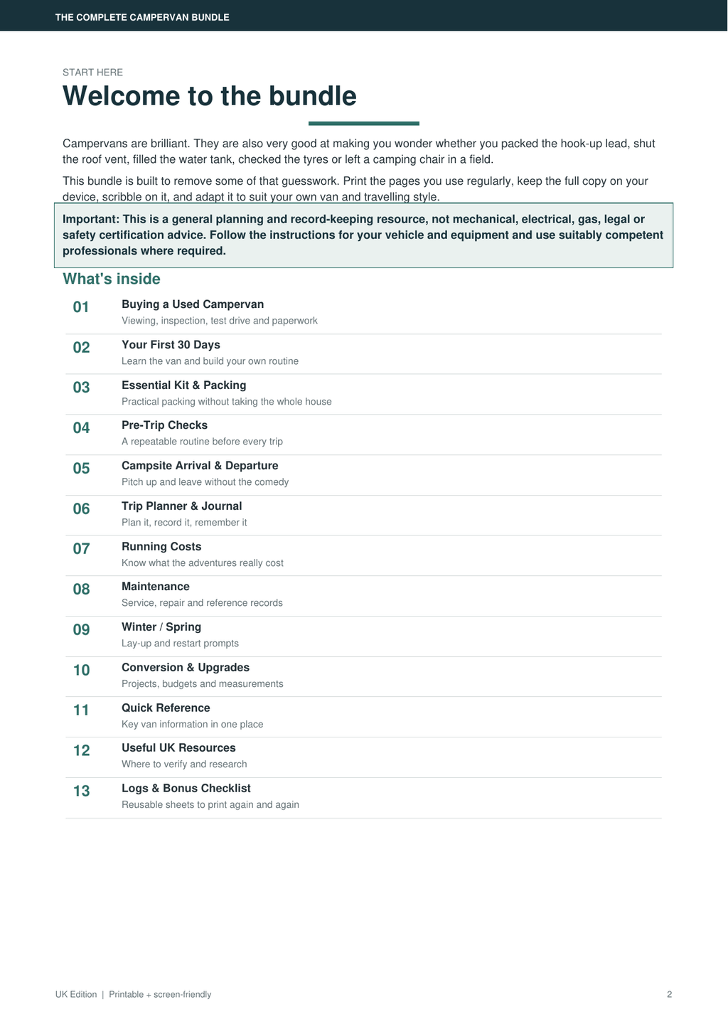 Campervan Essentials Bundle contents page preview