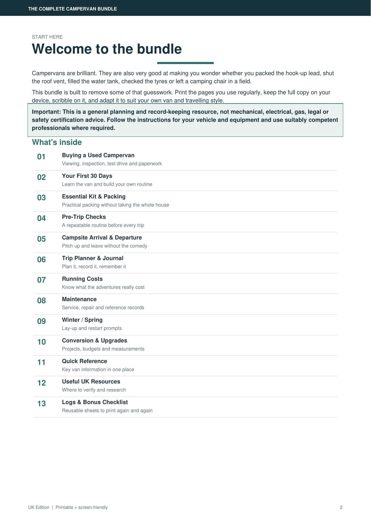 Campervan Essentials Bundle contents page preview