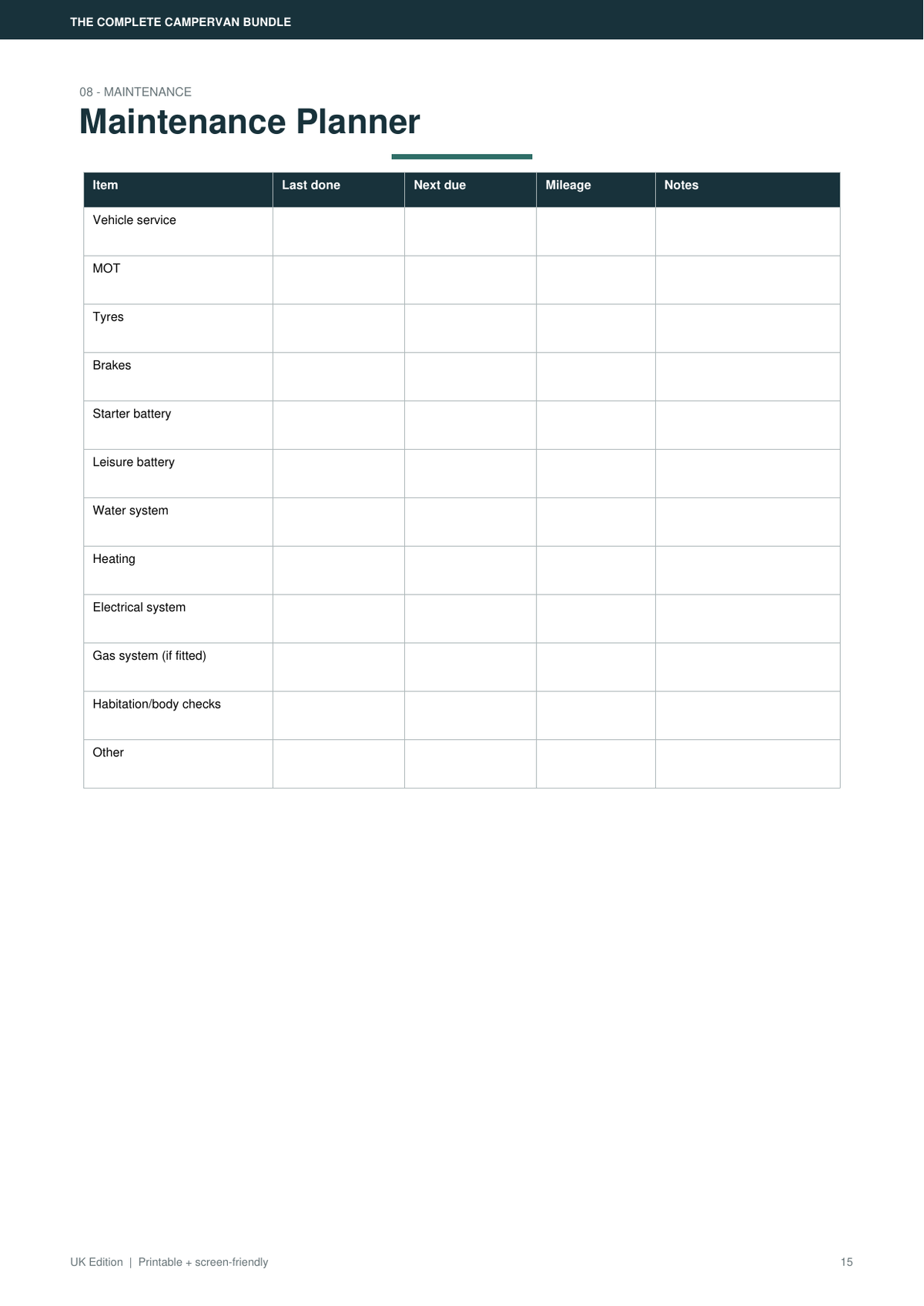 Campervan Maintenance Planner printable page preview