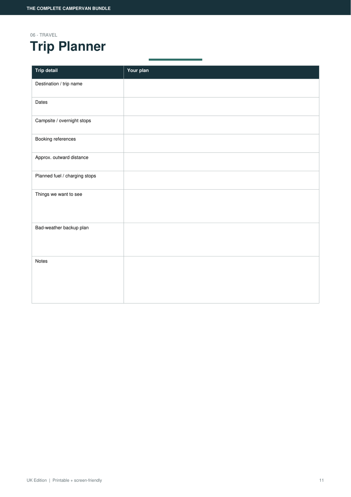 Campervan Trip Planner printable page preview