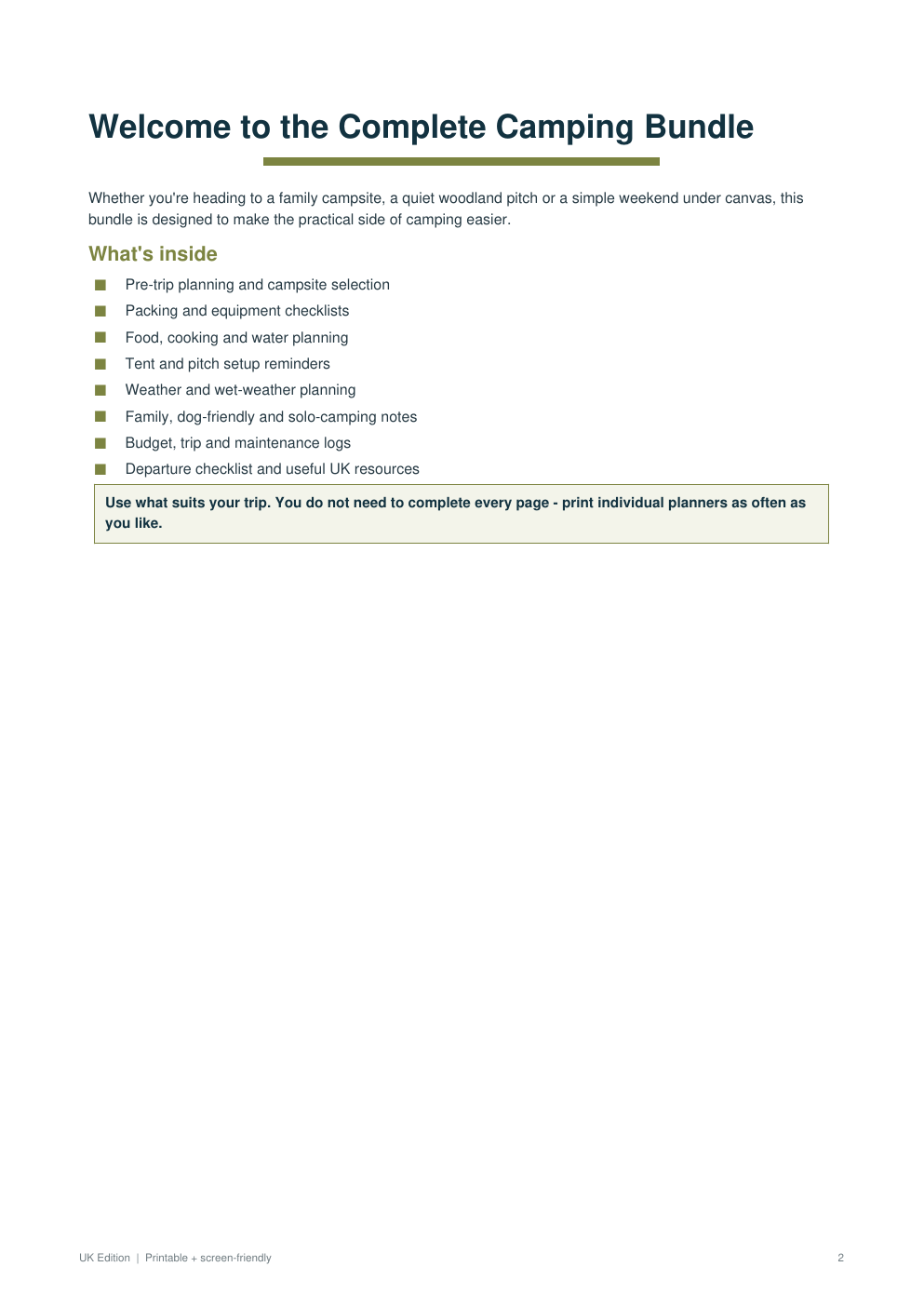 Camping Essentials Bundle contents page preview