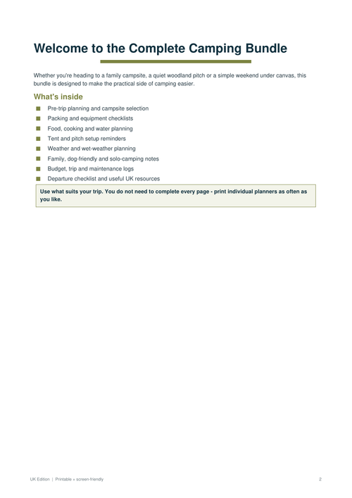 Camping Essentials Bundle contents page preview