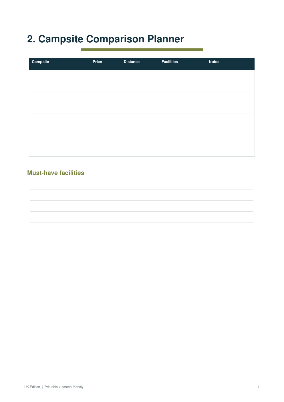Camping campsite comparison planner preview