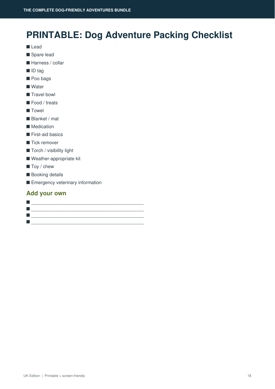 Dog adventure packing checklist printable preview