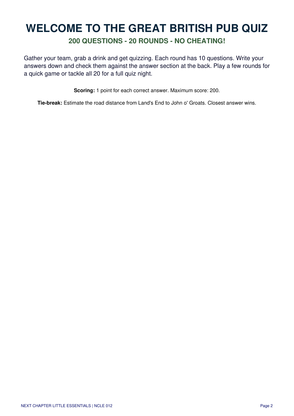 Great British Pub Quiz welcome and scoring page preview