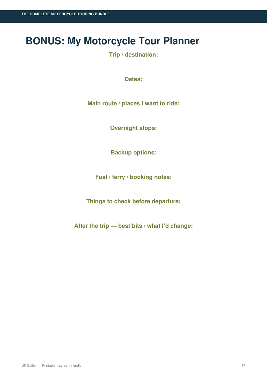 Motorcycle tour planner printable page preview