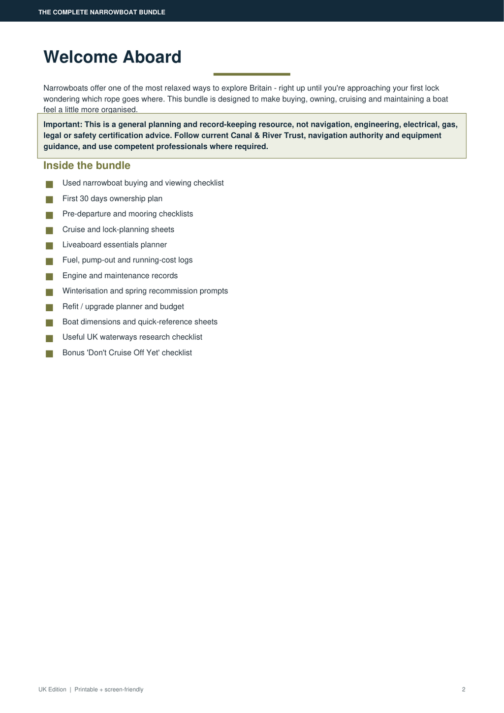 Narrowboat bundle contents page preview
