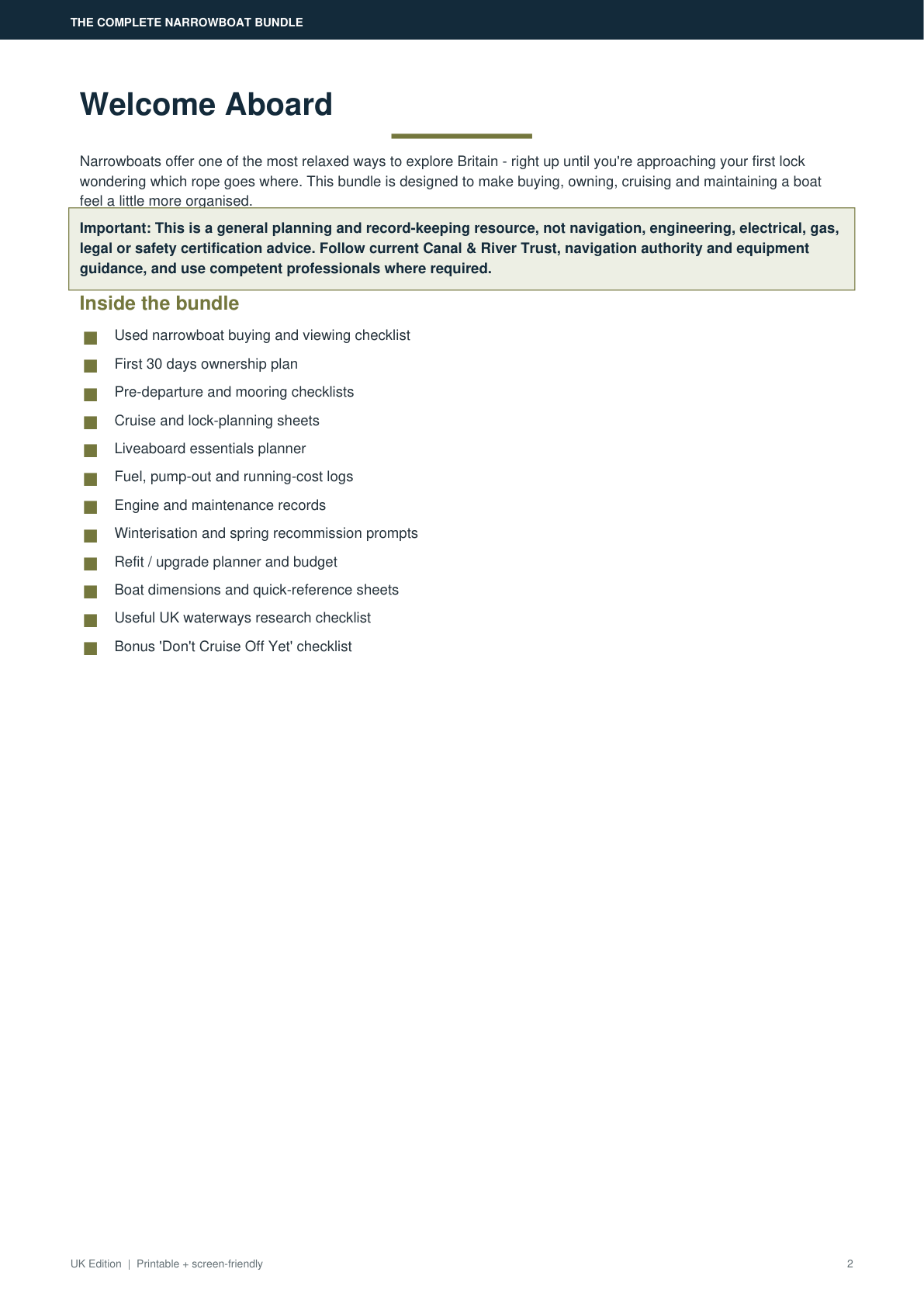 Narrowboat bundle contents page preview