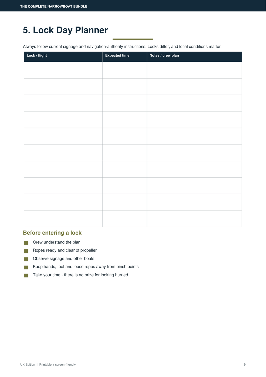 Narrowboat Lock Day Planner page preview
