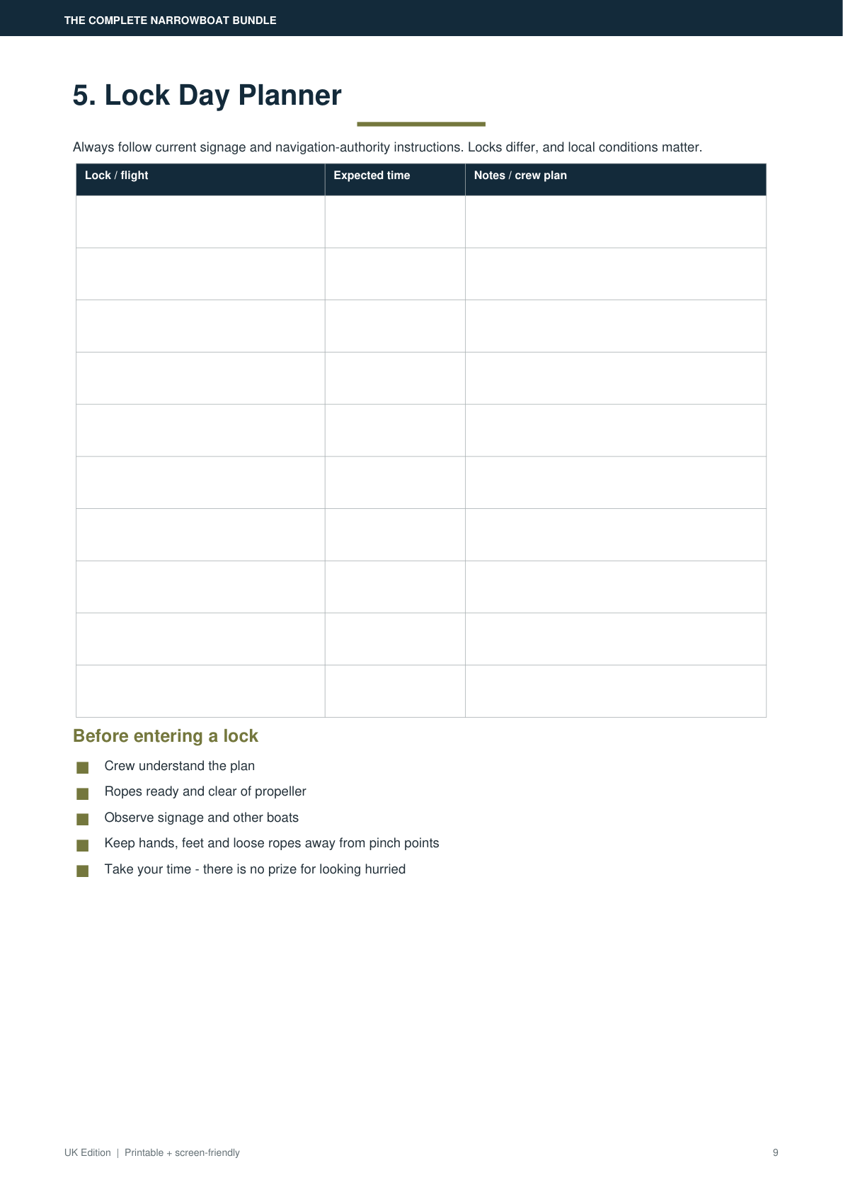 Narrowboat Lock Day Planner page preview