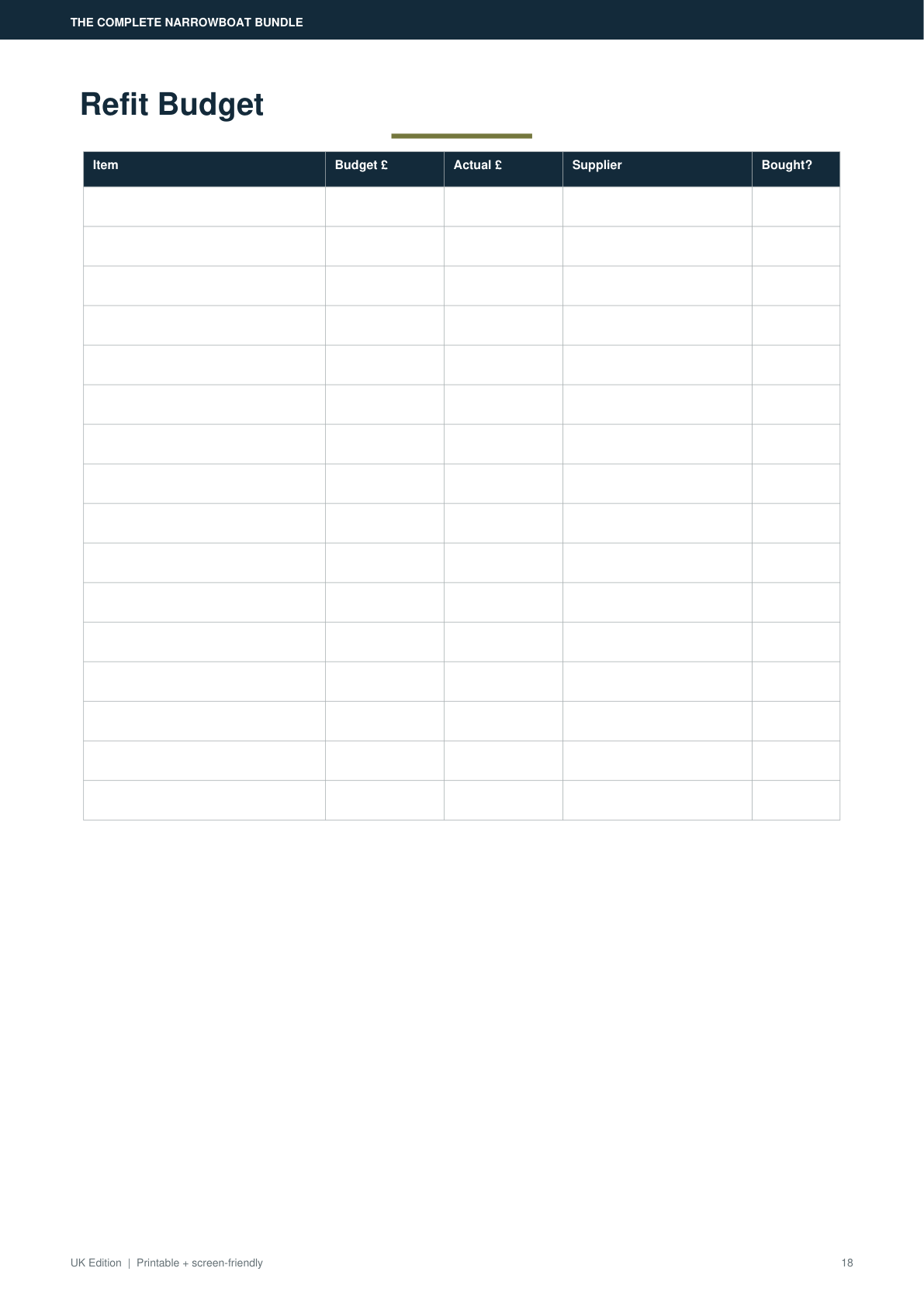 Narrowboat refit budget planner page preview