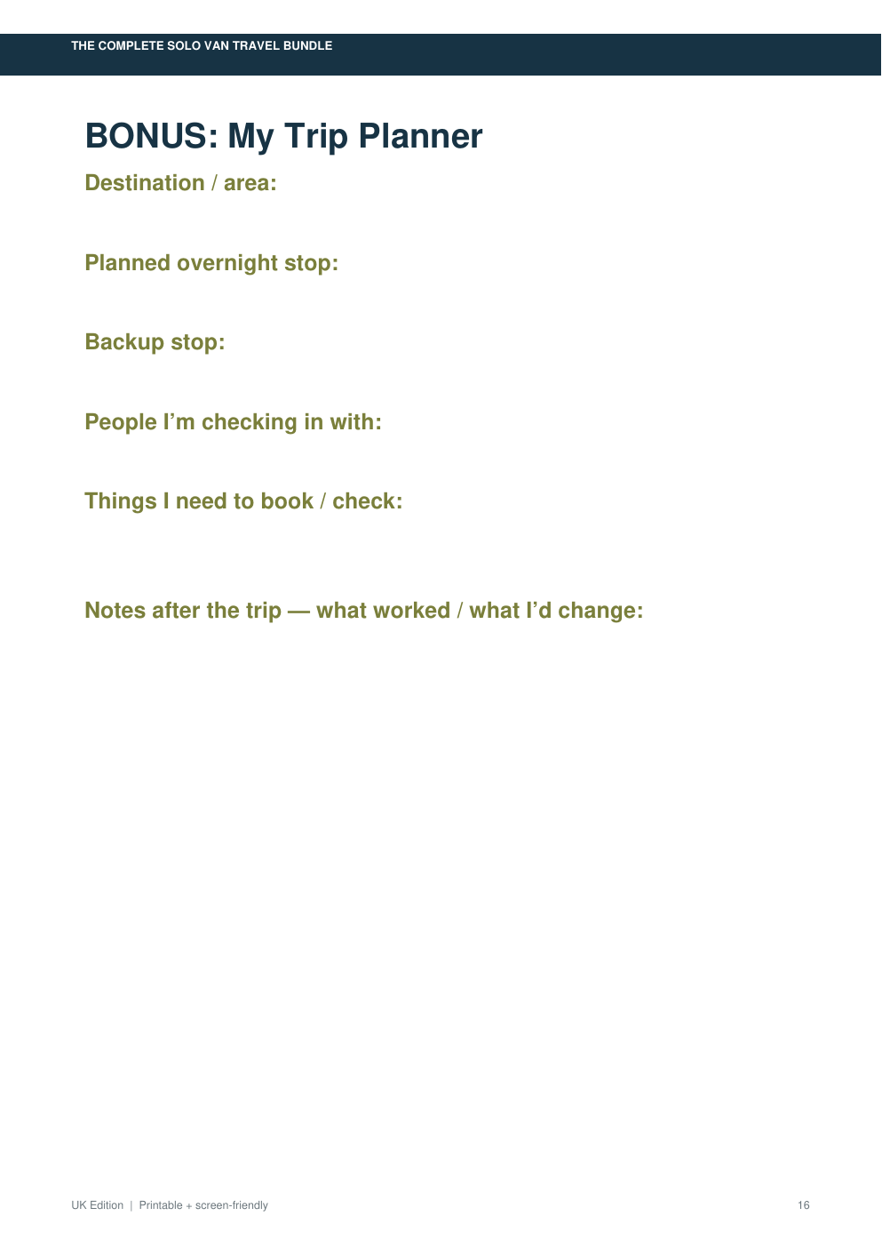 Solo Van Travel departure checklist preview