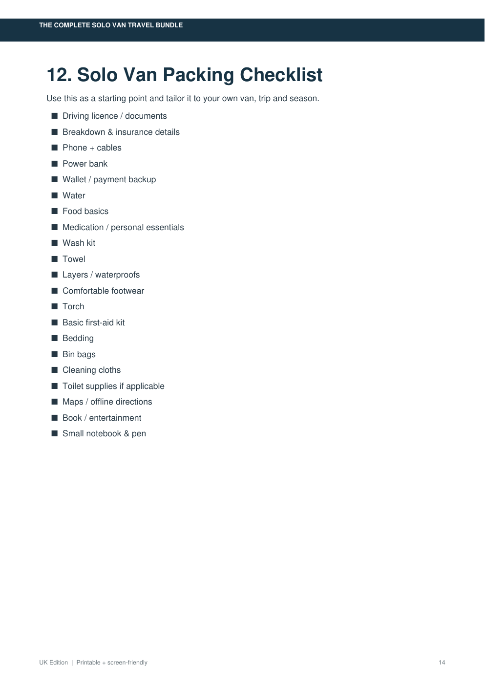 Solo Van Travel packing checklist preview