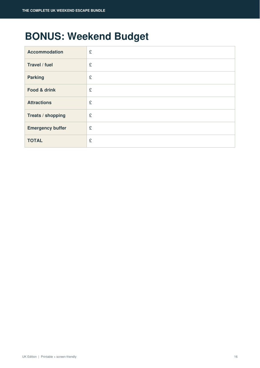 UK weekend escape budget planner preview